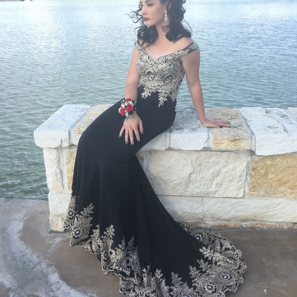 Black and gold beaded prom dress